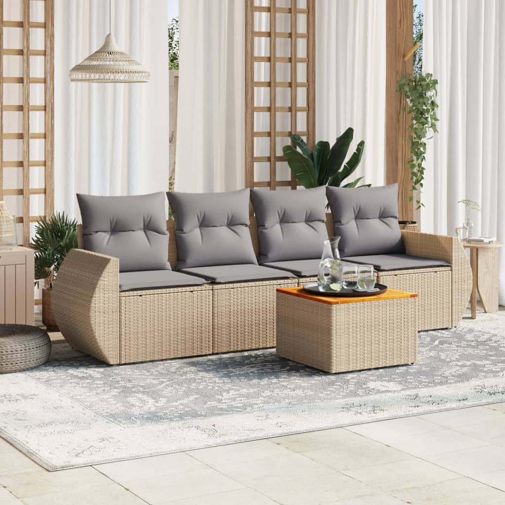 5 Pcs conjunto de sofás p/ jardim com almofadões vime PE bege