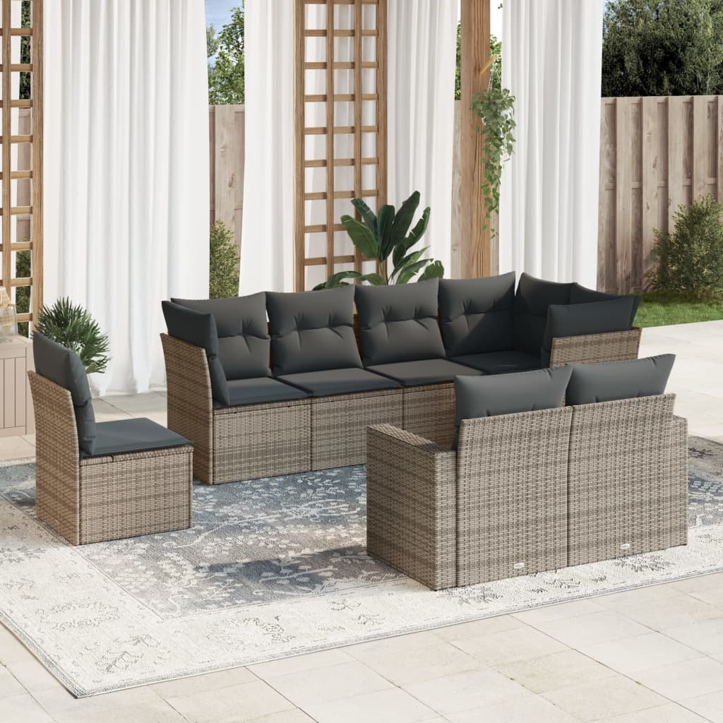 8 Pcs conjunto sofás de jardim c/ almofadões vime PE cinzento