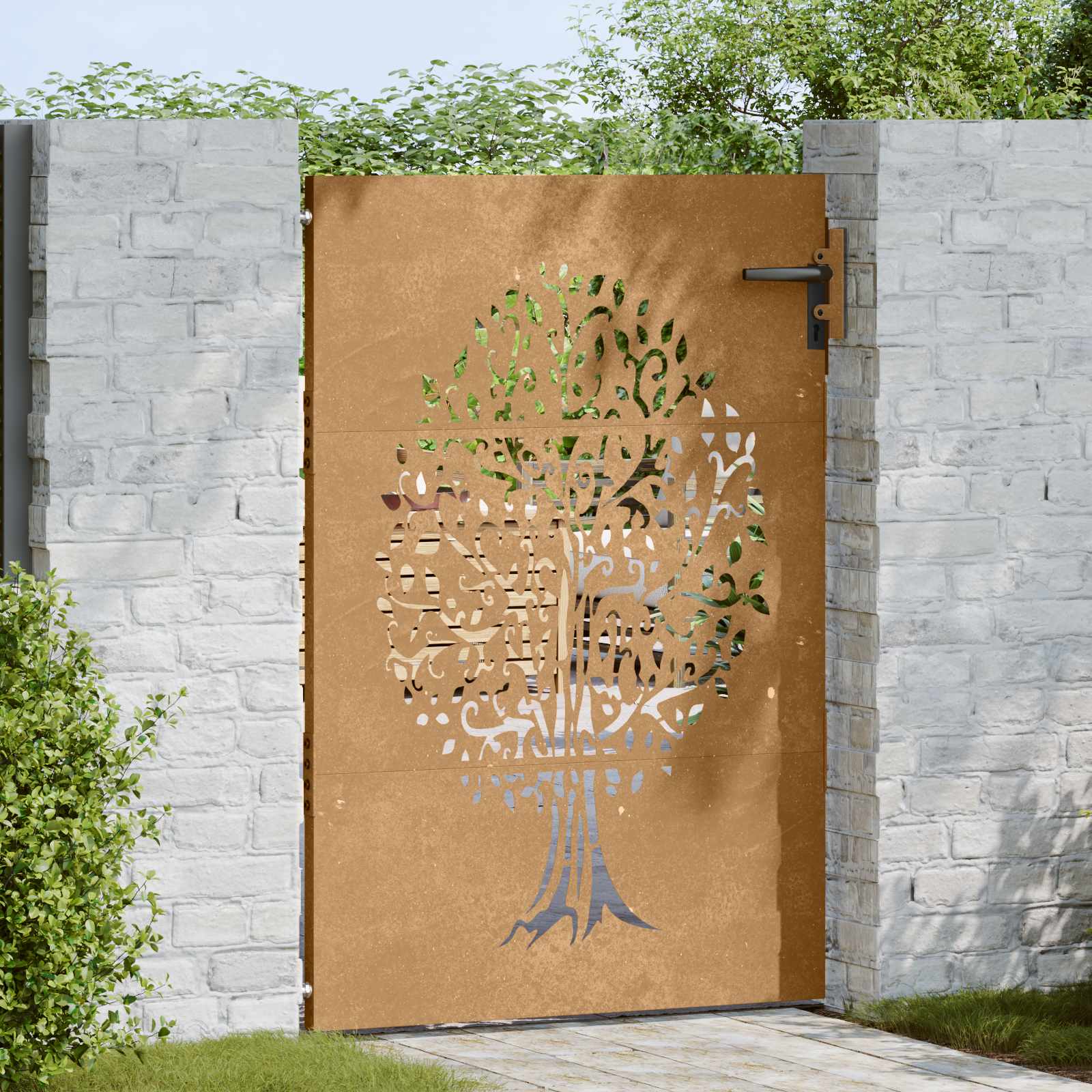 Portão de jardim 85x150 cm aço corten design árvore