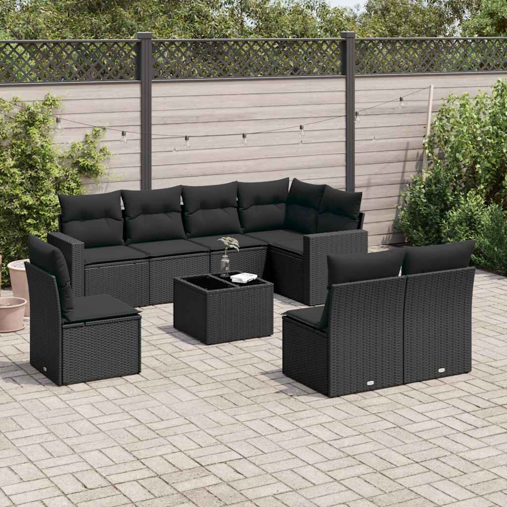 9 Pcs conjunto de sofás p/ jardim c/ almofadões vime PE preto