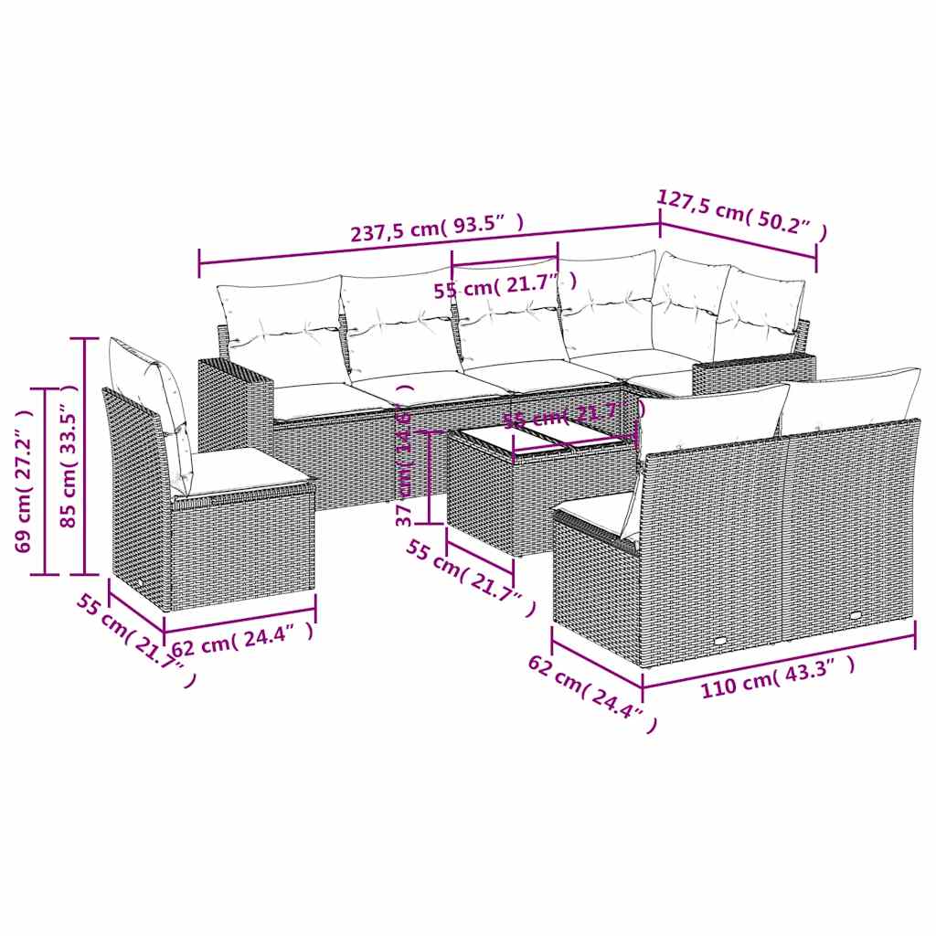 9 Pcs conjunto de sofás p/ jardim c/ almofadões vime PE preto