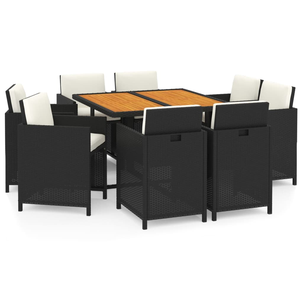 9 Pcs conjunto de jantar p/ jardim c/ almofadões vime PE preto