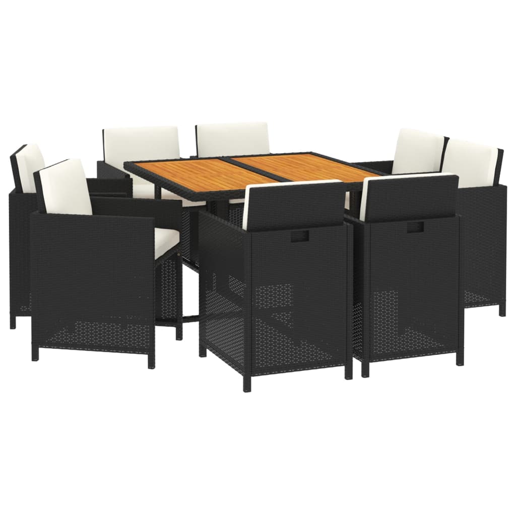 9 Pcs conjunto de jantar p/ jardim c/ almofadões vime PE preto