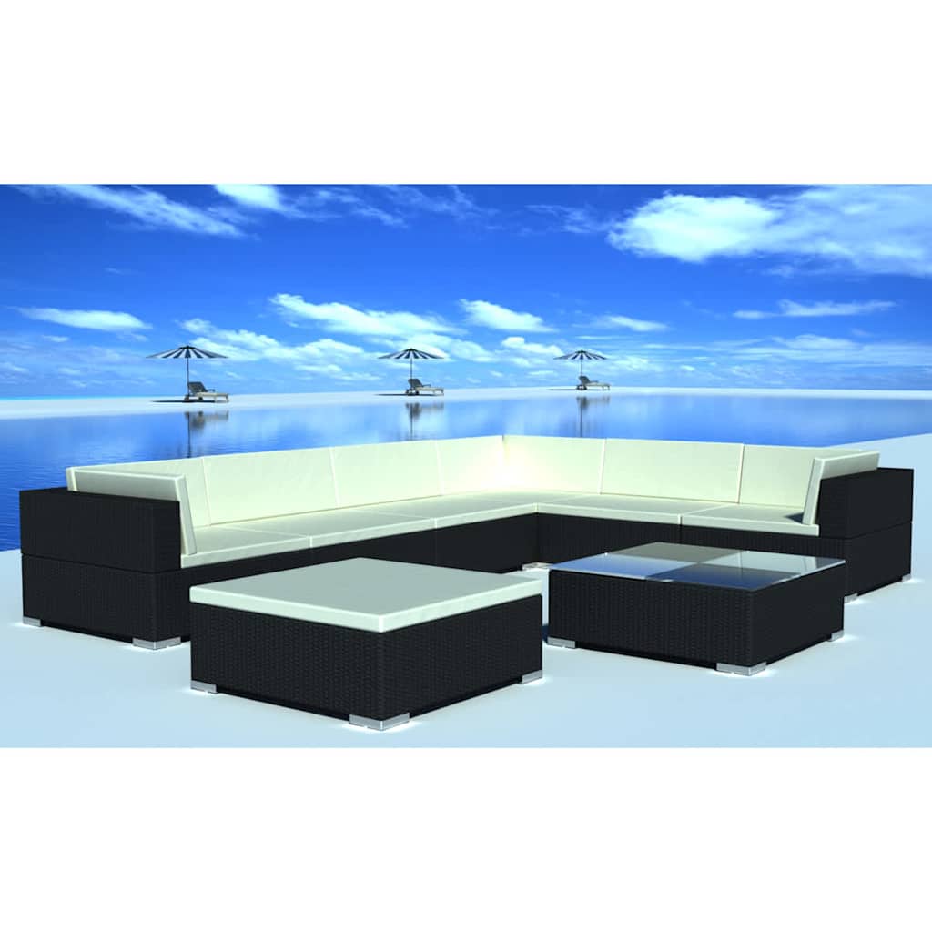 8 Pcs conjunto lounge de jardim c/ almofadões vime PE preto