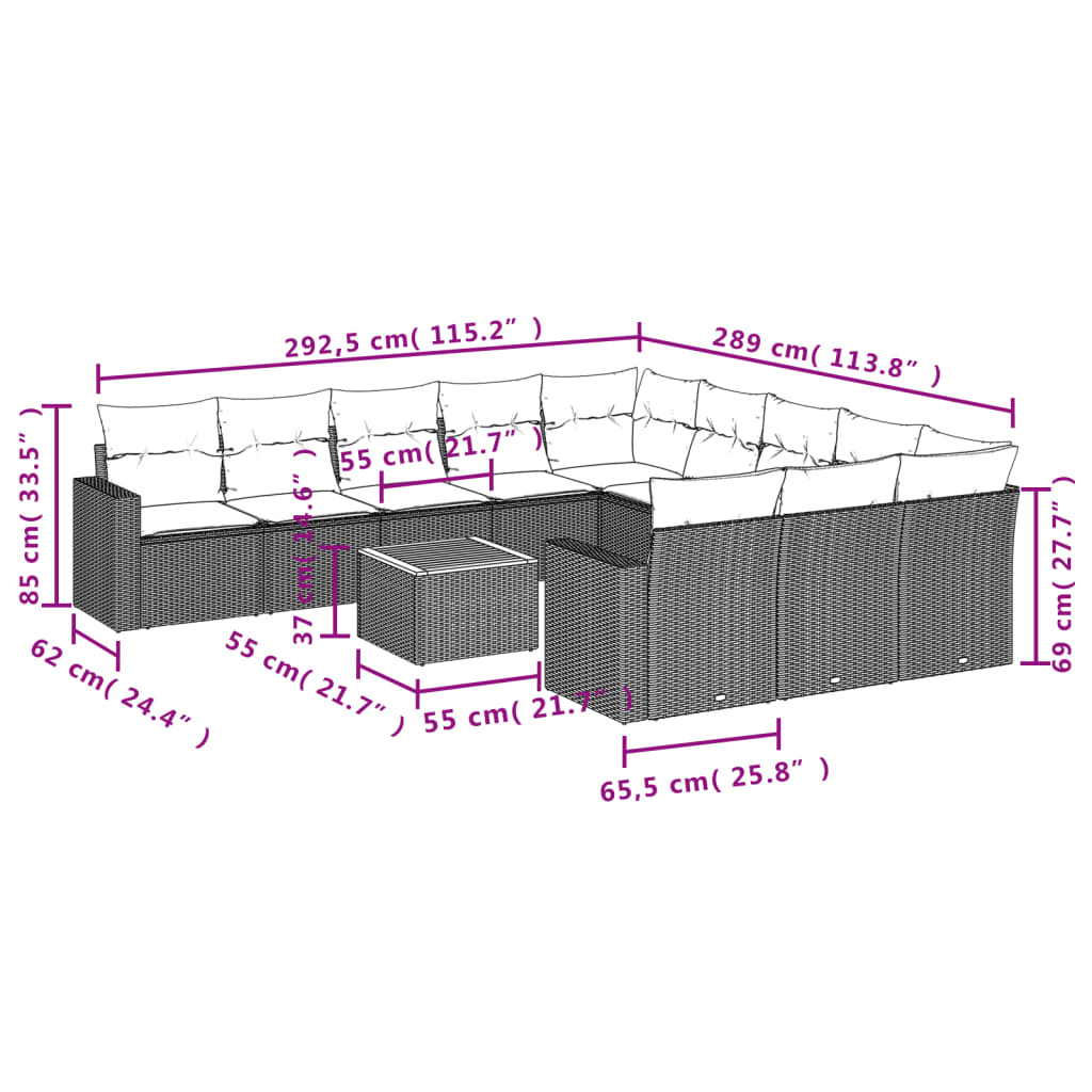 12 Pcs conjunto de sofás de jardim c/ almofadões vime PE preto