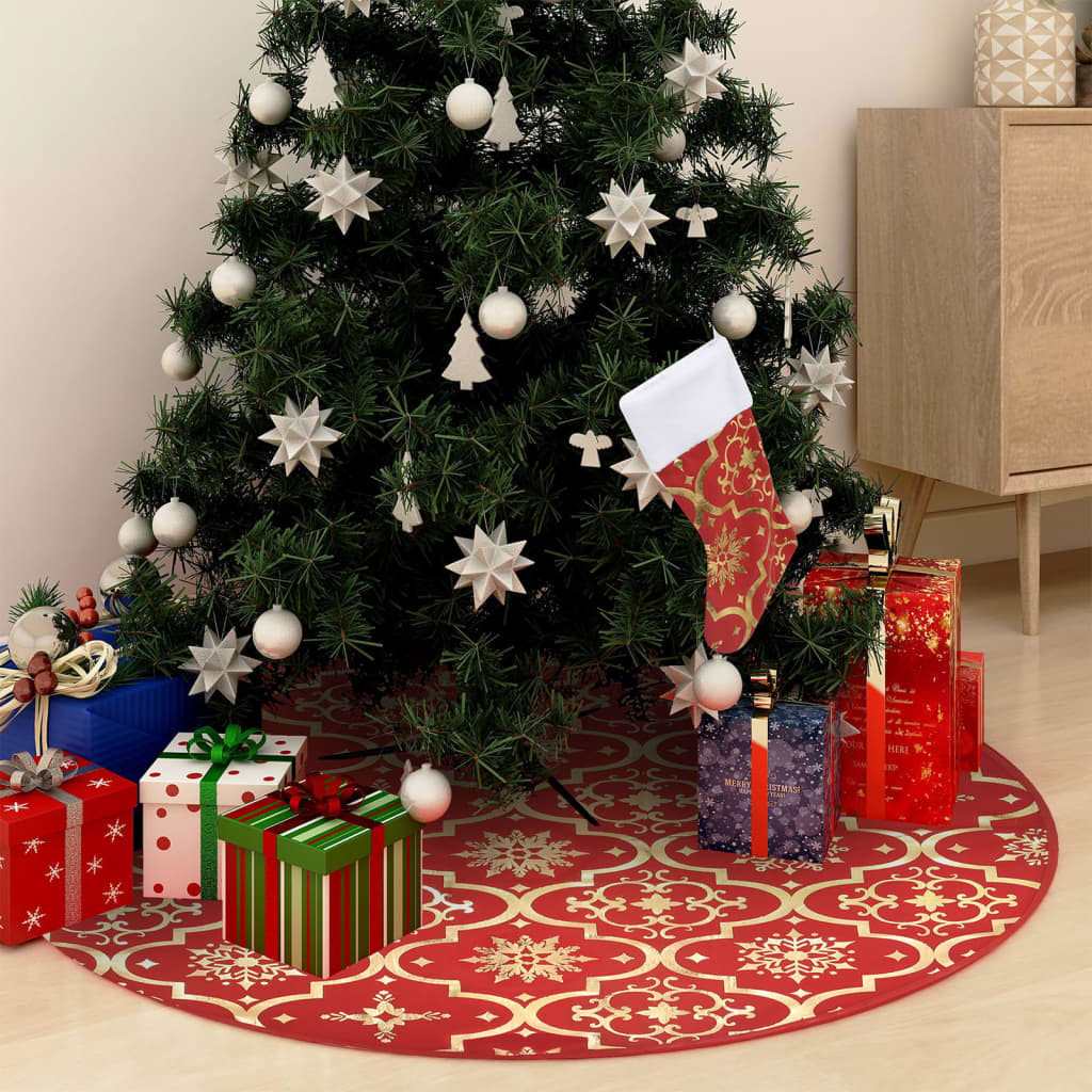 Saia de árvore de natal luxuosa 90 cm com meia tecido vermelho