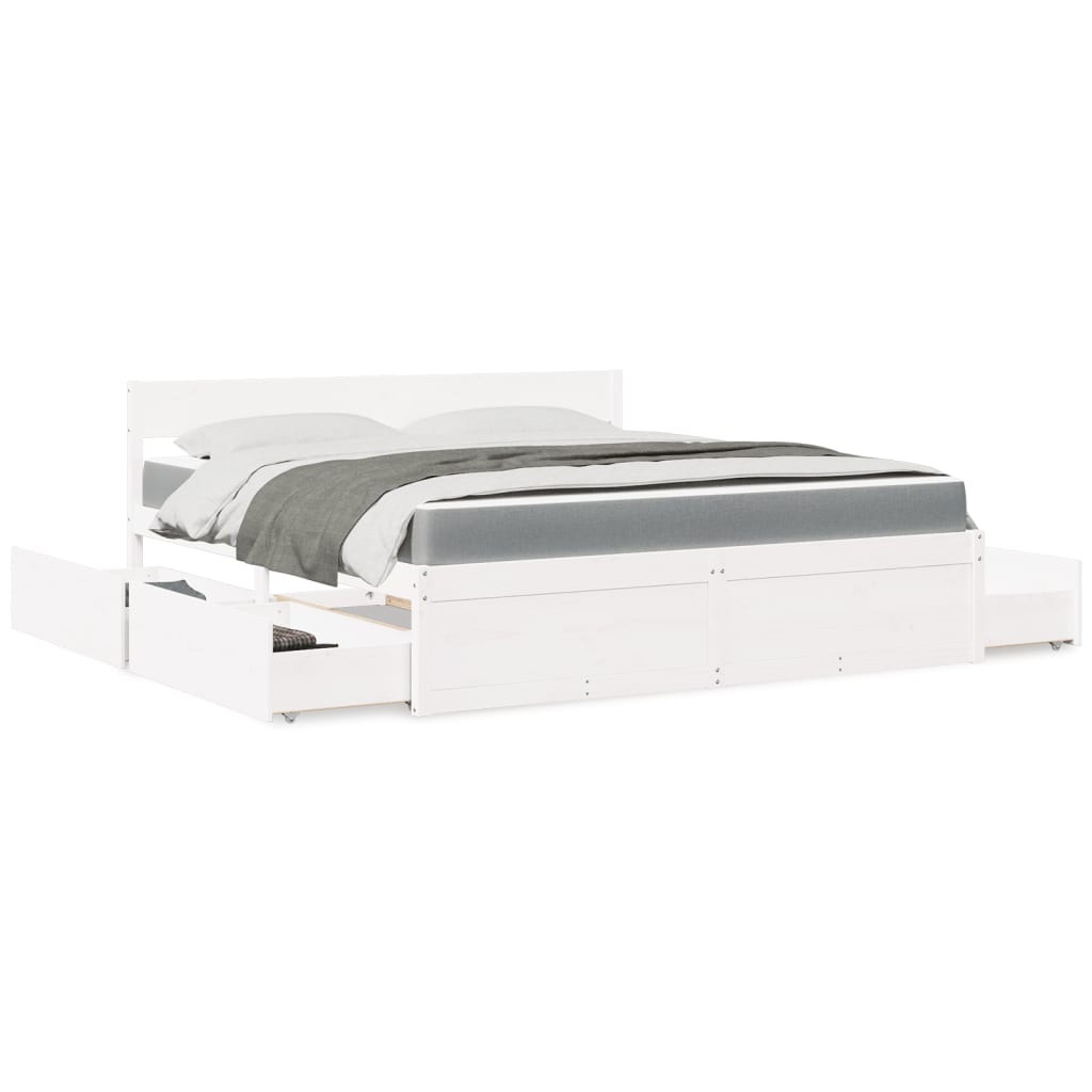 Cama com gavetas e colchão 180x200 cm pinho maciço branco