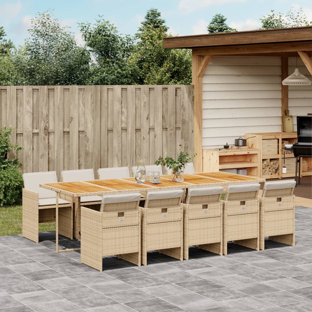 11 Pcs conjunto de jantar p/ jardim com almofadões vime PE bege