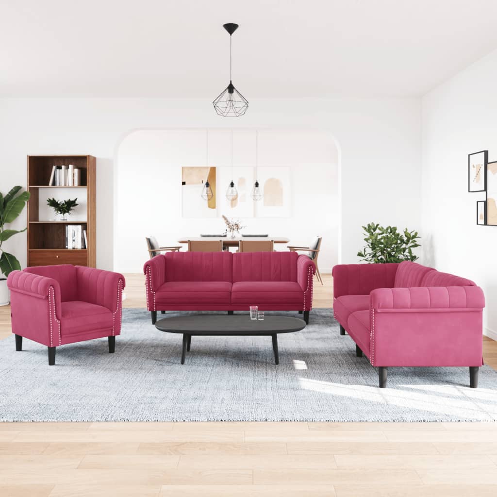 3 Pcs conjunto de sofás veludo vermelho-tinto