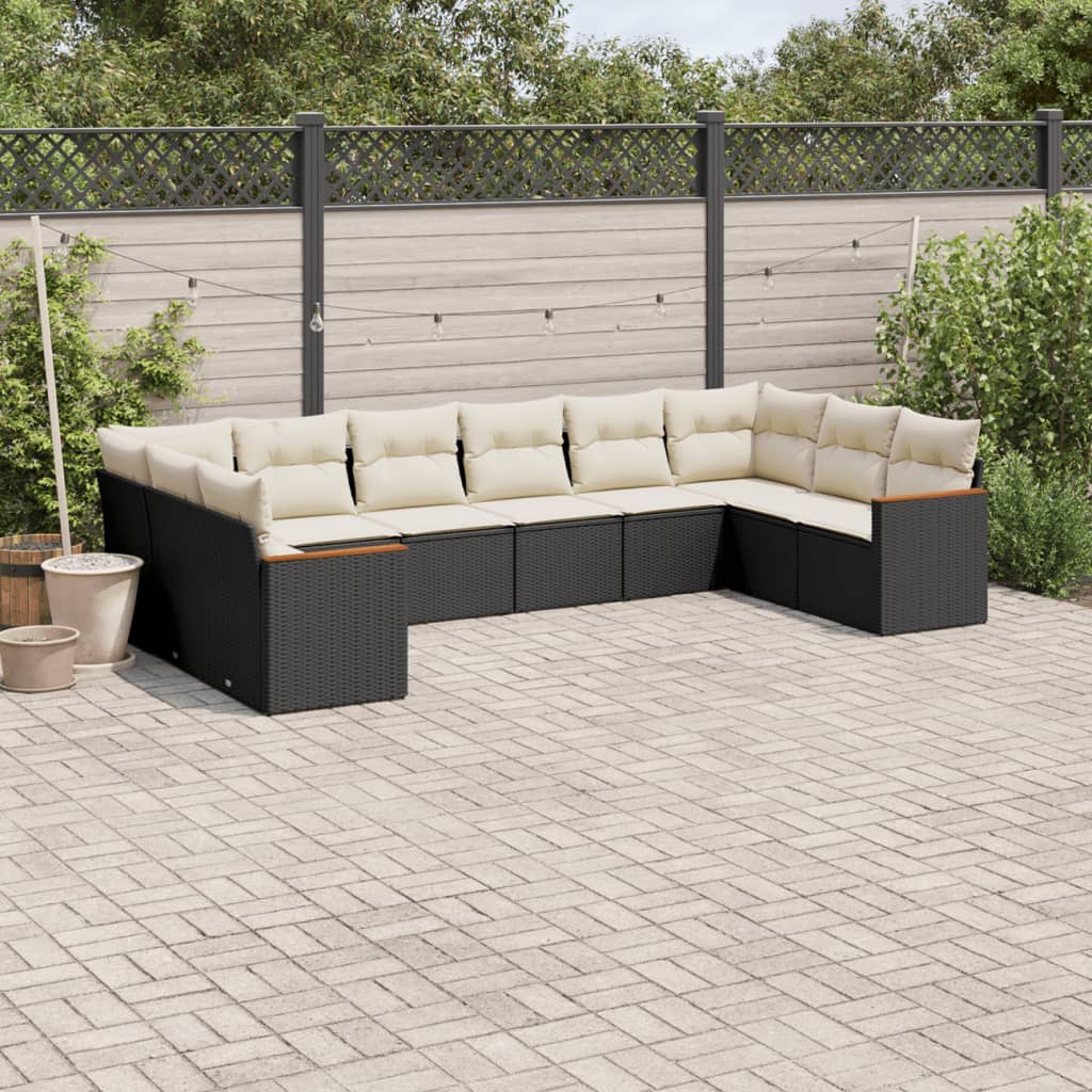 10 Pcs conjunto sofás de jardim c/ almofadões vime PE preto