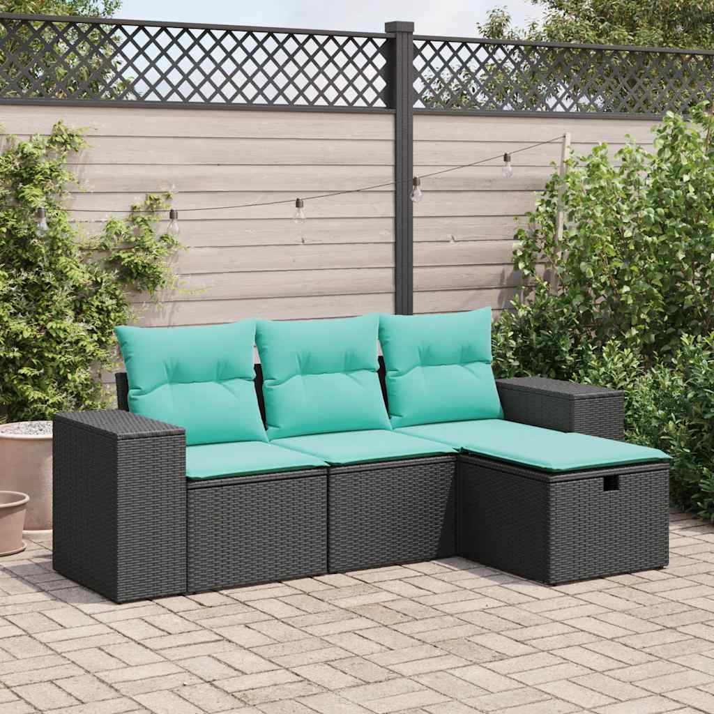 4 Pcs conjunto de sofás para jardim c/ almofadões vime PE preto