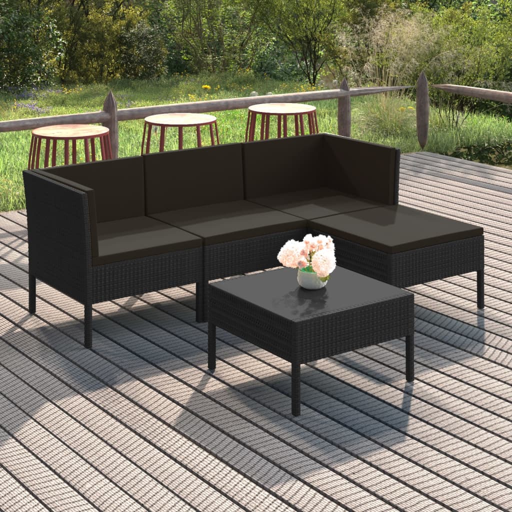 5 Pcs conjunto lounge de jardim c/ almofadões vime PE preto