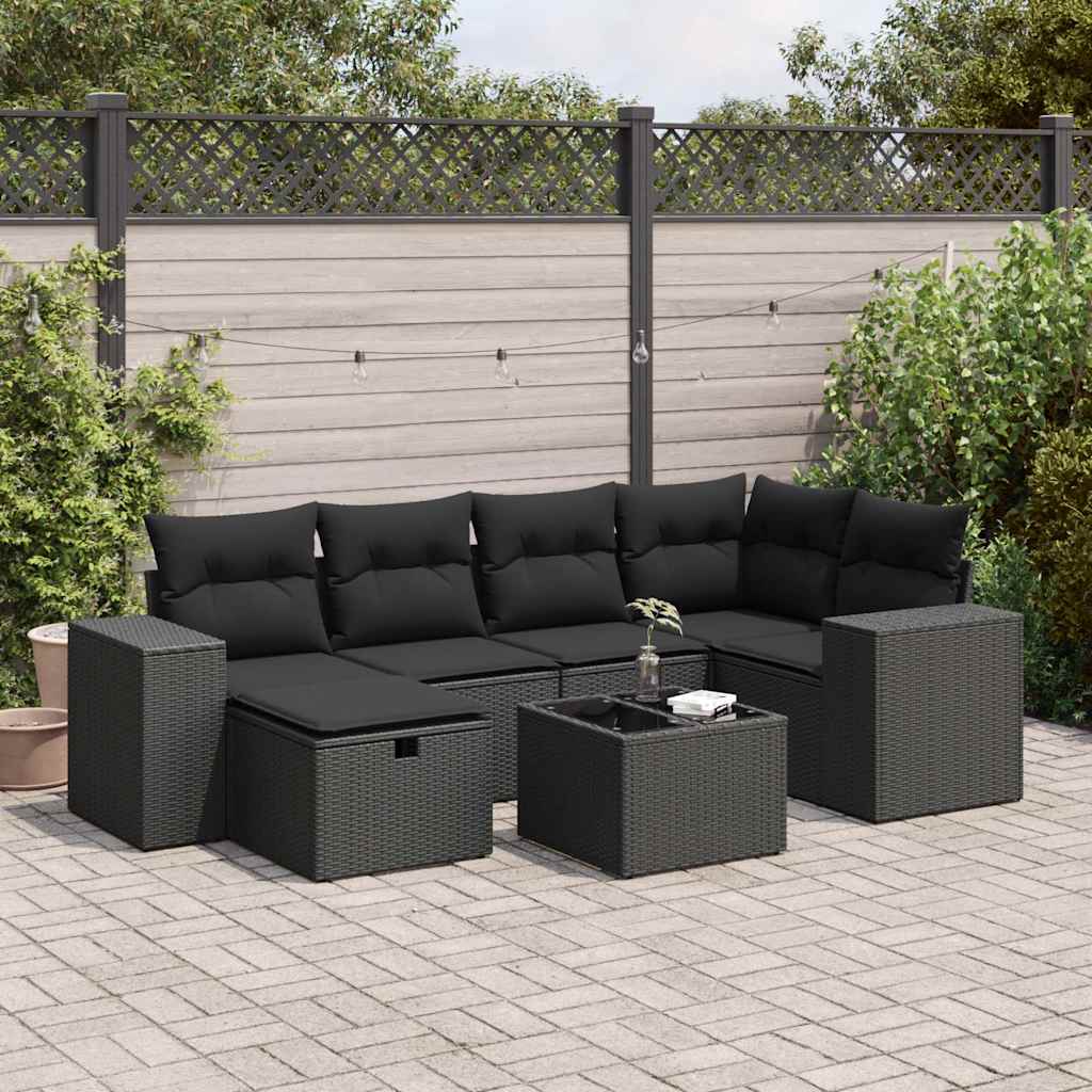 7 Pcs conjunto de sofás p/ jardim c/ almofadões vime PE preto