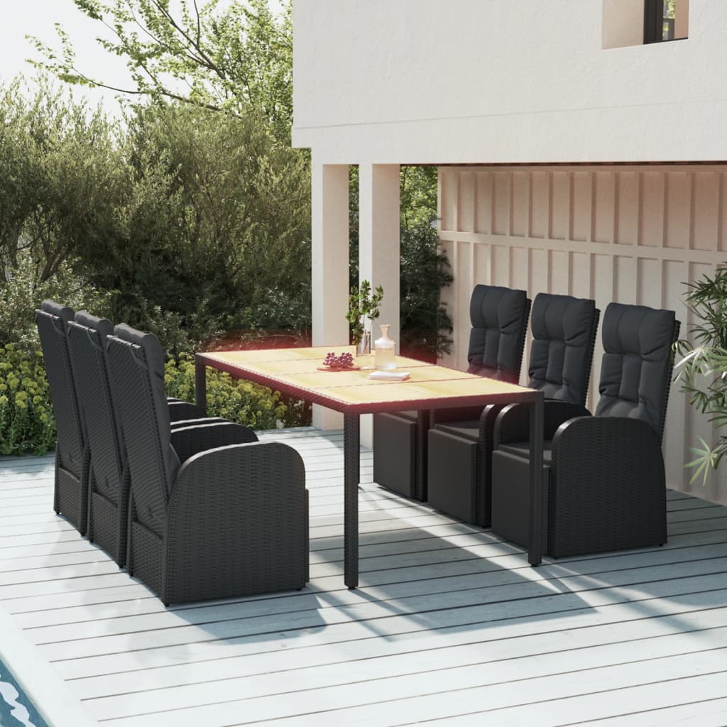 7 Pcs conjunto de jantar p/ jardim vime PE/acácia maciça preto