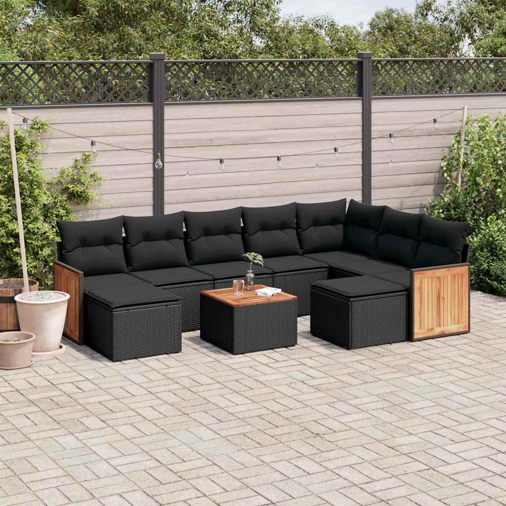 10 Pcs conjunto sofás de jardim c/ almofadões vime PE preto