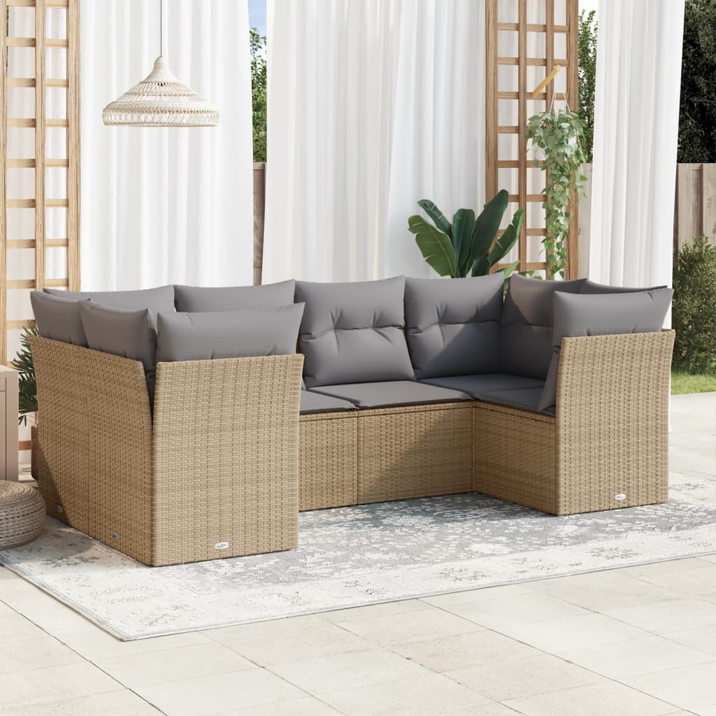 6 Pcs conjunto de sofás p/ jardim com almofadões vime PE bege