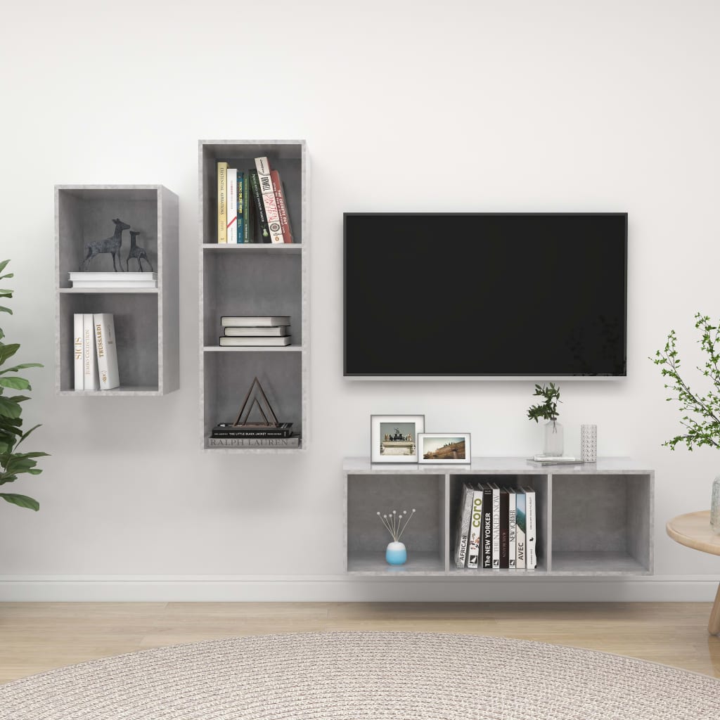 3 Pcs conjunto de móveis de TV contraplacado cinzento cimento