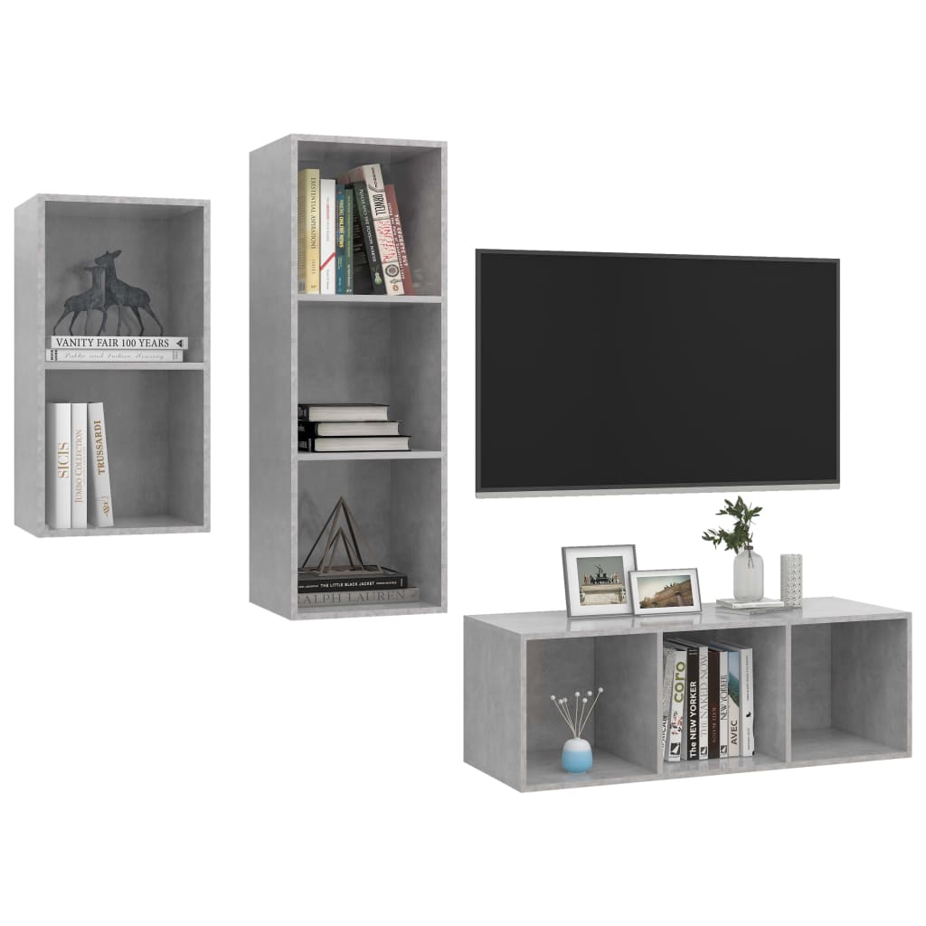 3 Pcs conjunto de móveis de TV contraplacado cinzento cimento