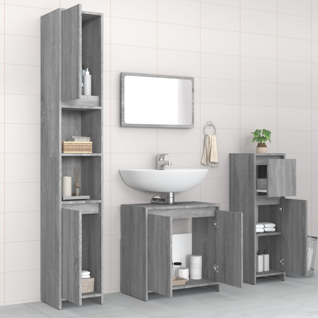4 Pcs conjunto móveis casa de banho madeira proc. cinza sonoma
