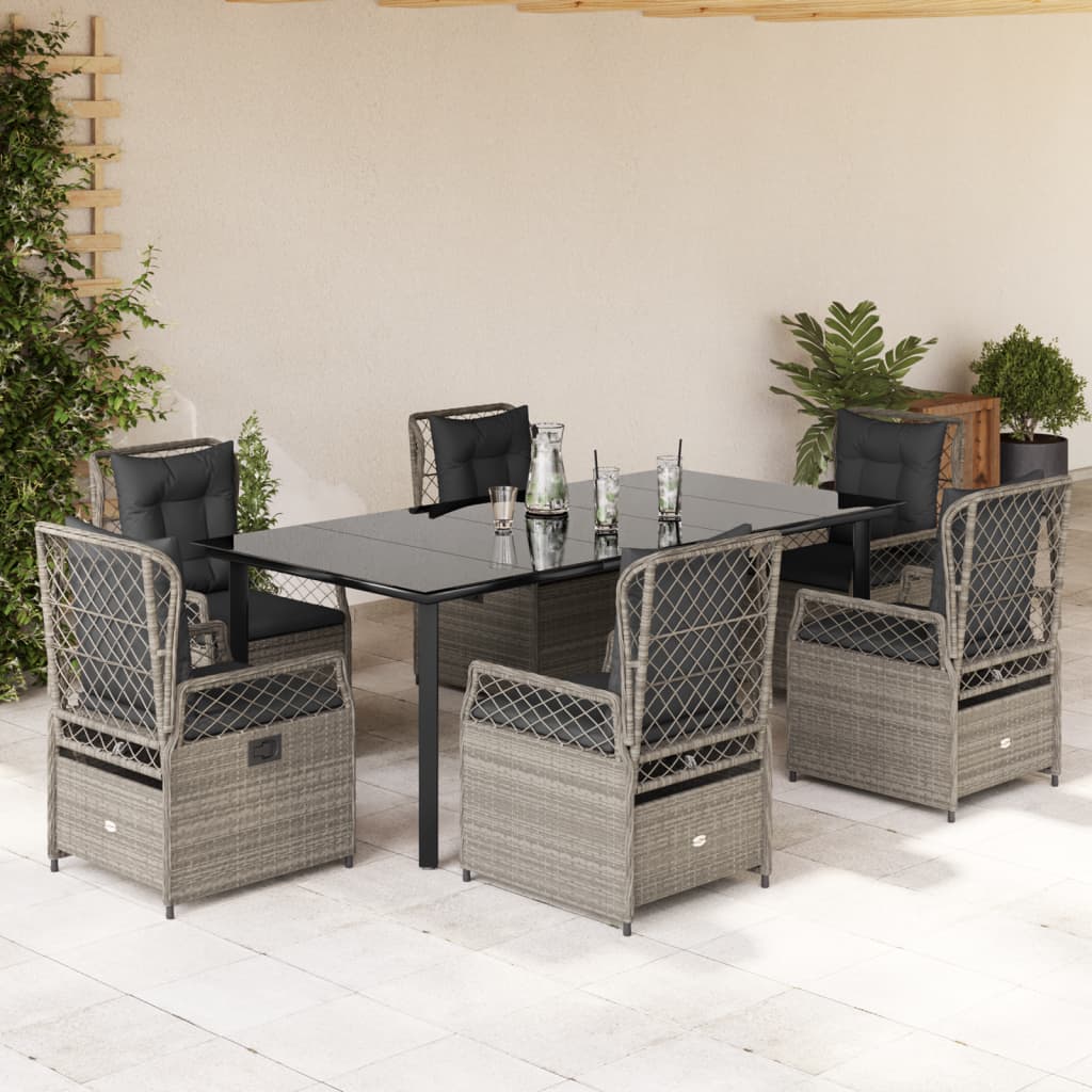 7 Pcs conj. jantar p/ jardim c/ almofadões vime PE cinza-claro
