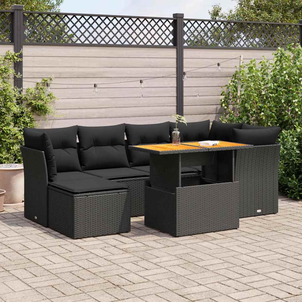 7 Pcs conjunto de sofás p/ jardim c/ almofadões vime PE preto