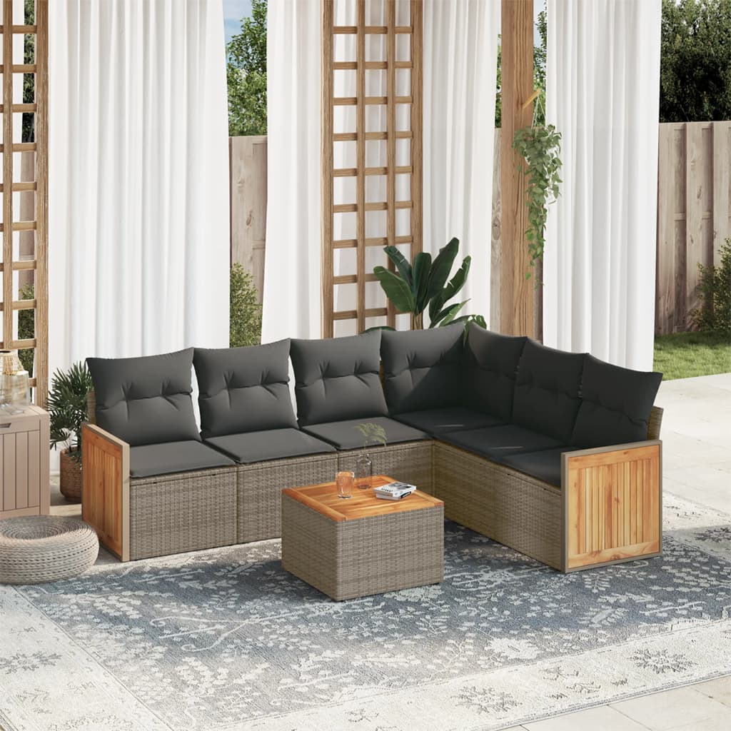 7 Pcs conjunto sofás p/ jardim c/ almofadões vime PE cinzento