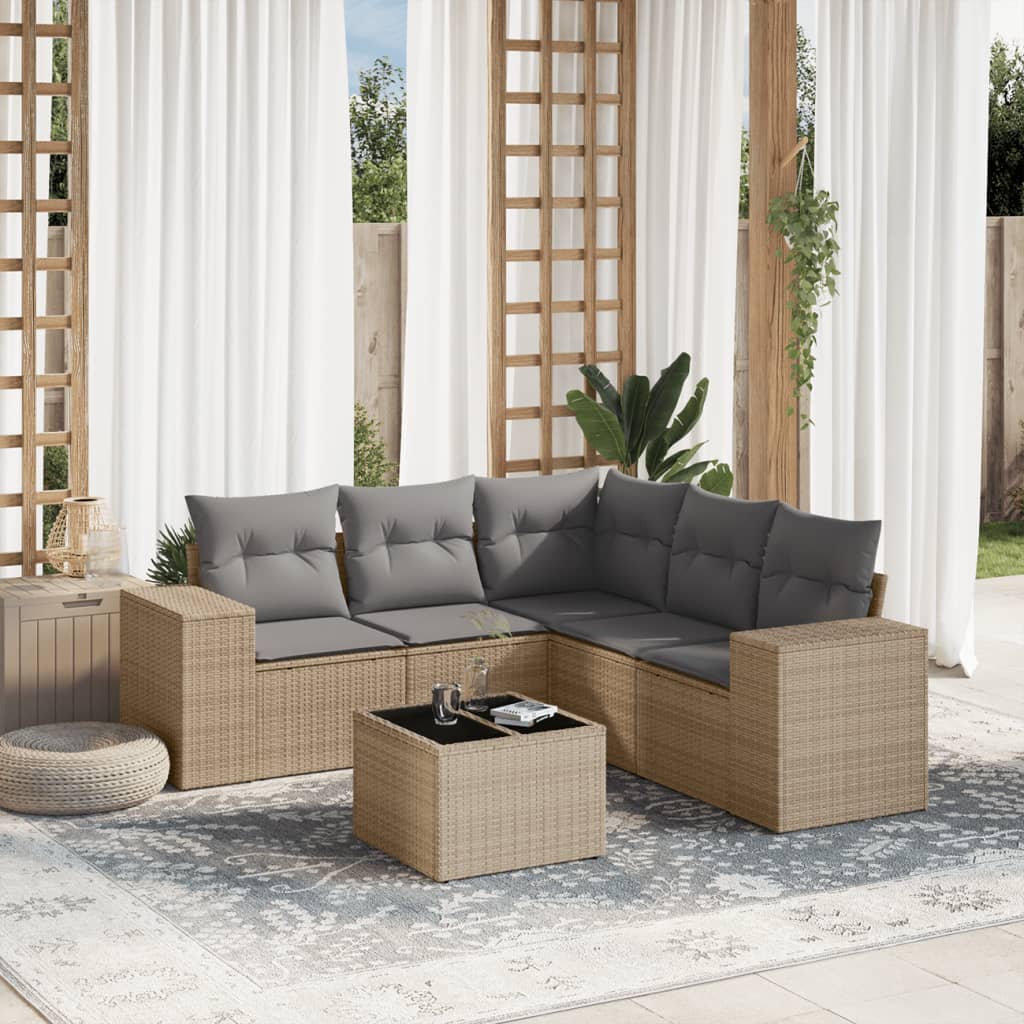 6 Pcs conjunto de sofás p/ jardim com almofadões vime PE bege
