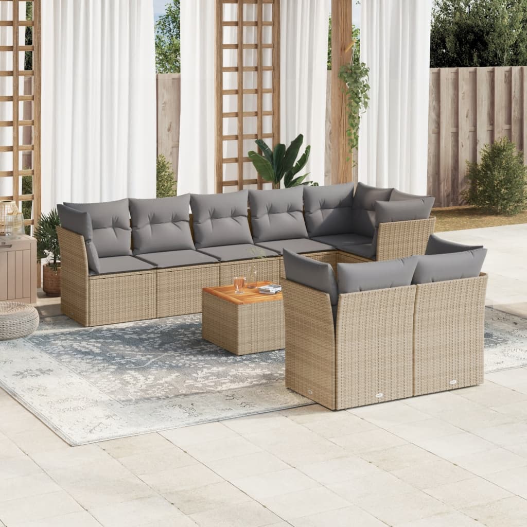 9 Pcs conjunto de sofás p/ jardim com almofadões vime PE bege