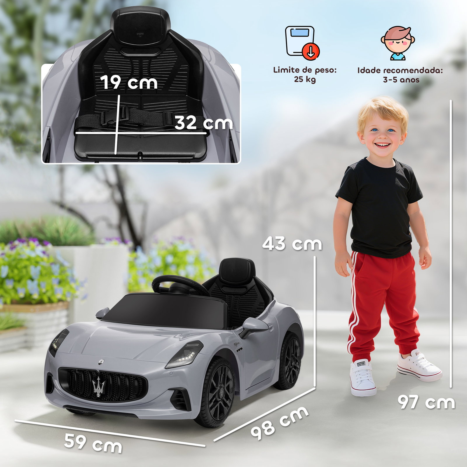 Carro elétrico para crianças maserati gran turismo folgore 12v controlo remoto faróis buzina e música mp3 98x59x43 cm cinza