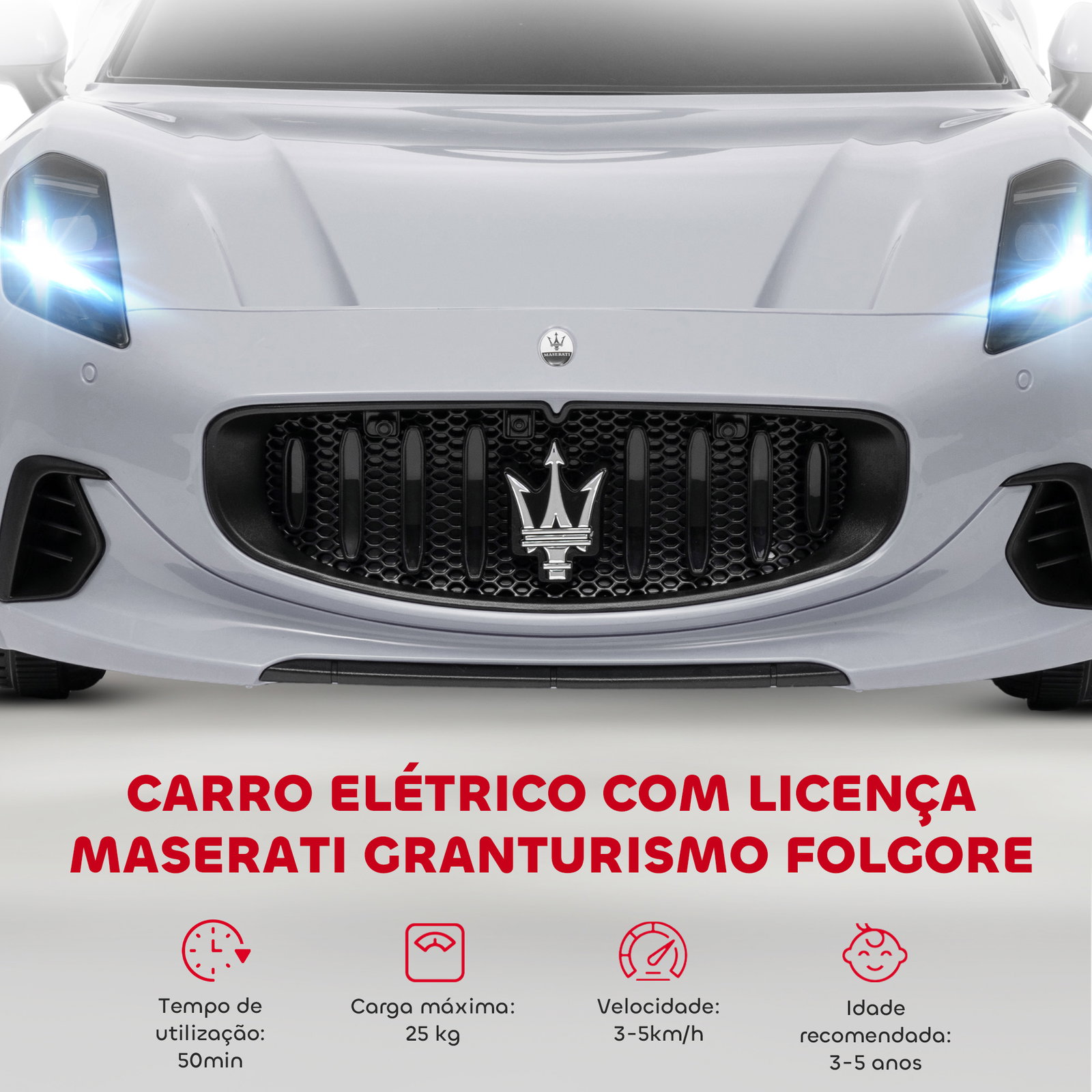 Carro elétrico para crianças maserati gran turismo folgore 12v controlo remoto faróis buzina e música mp3 98x59x43 cm cinza