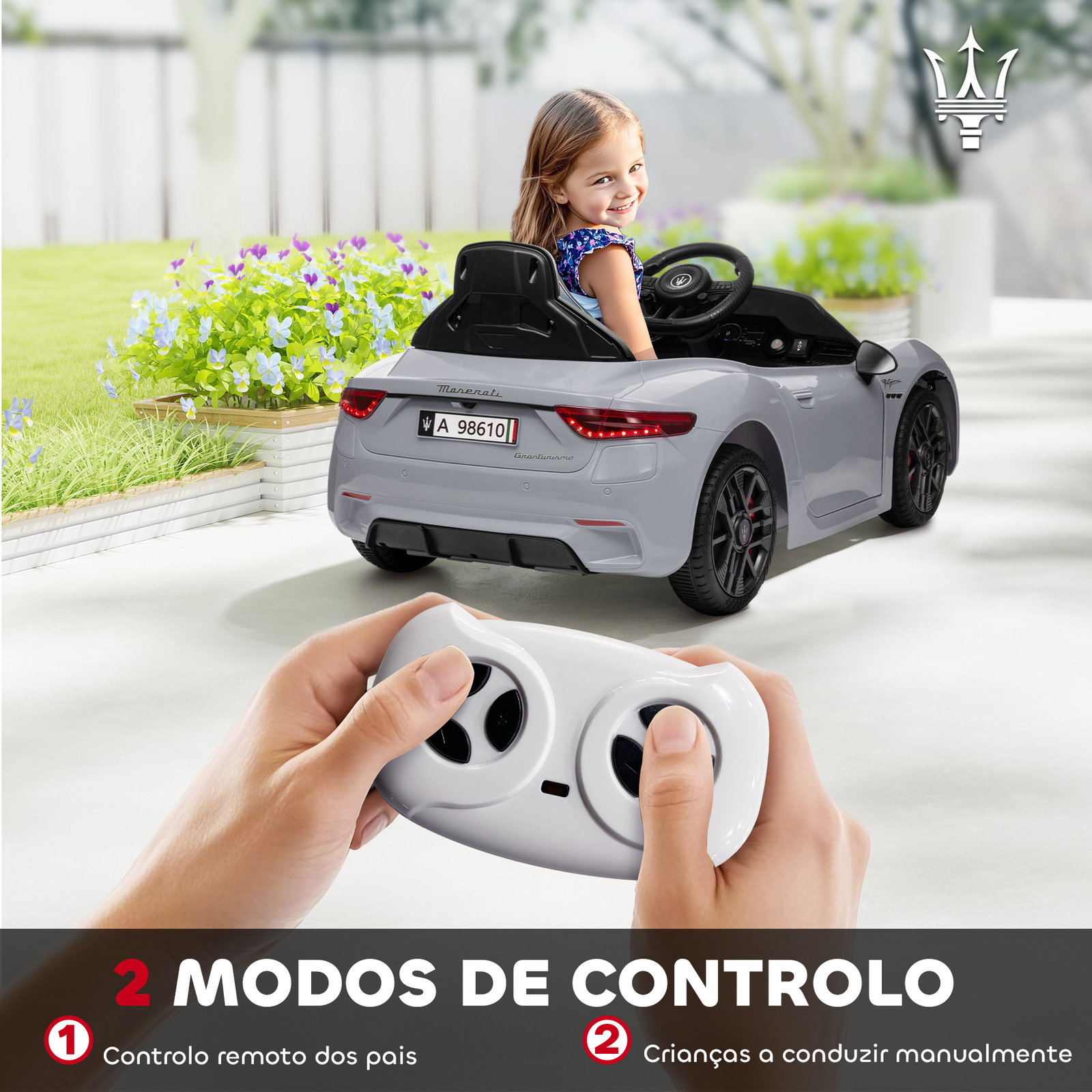Carro elétrico para crianças maserati gran turismo folgore 12v controlo remoto faróis buzina e música mp3 98x59x43 cm cinza