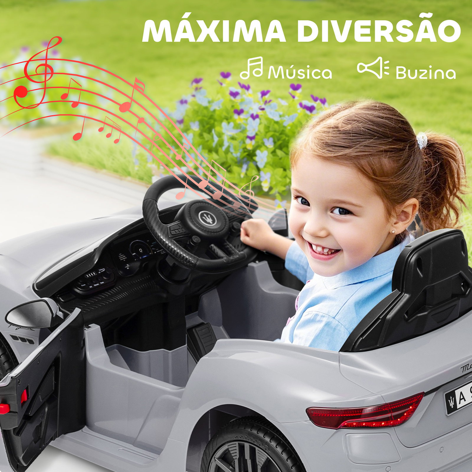 Carro elétrico para crianças maserati gran turismo folgore 12v controlo remoto faróis buzina e música mp3 98x59x43 cm cinza