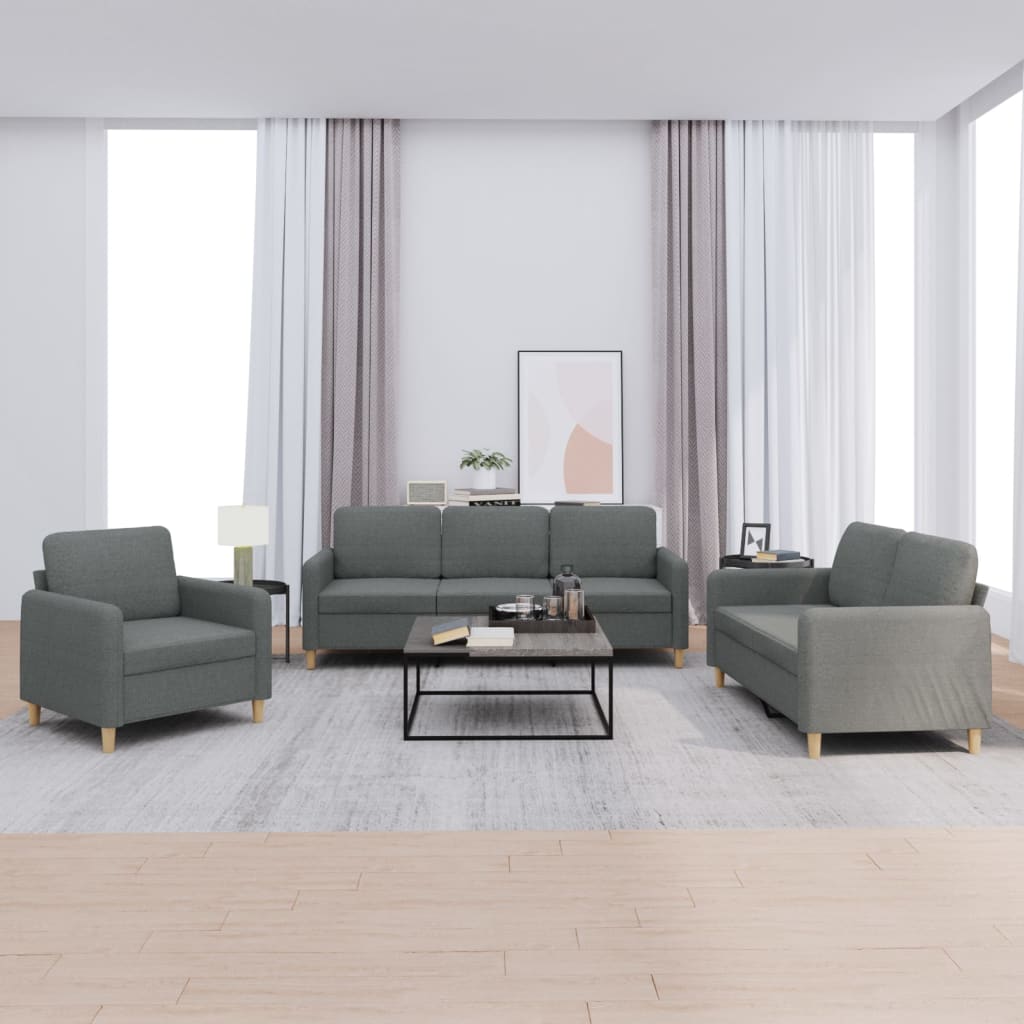 3 Pcs conjunto de sofás com almofadões tecido cinzento-escuro