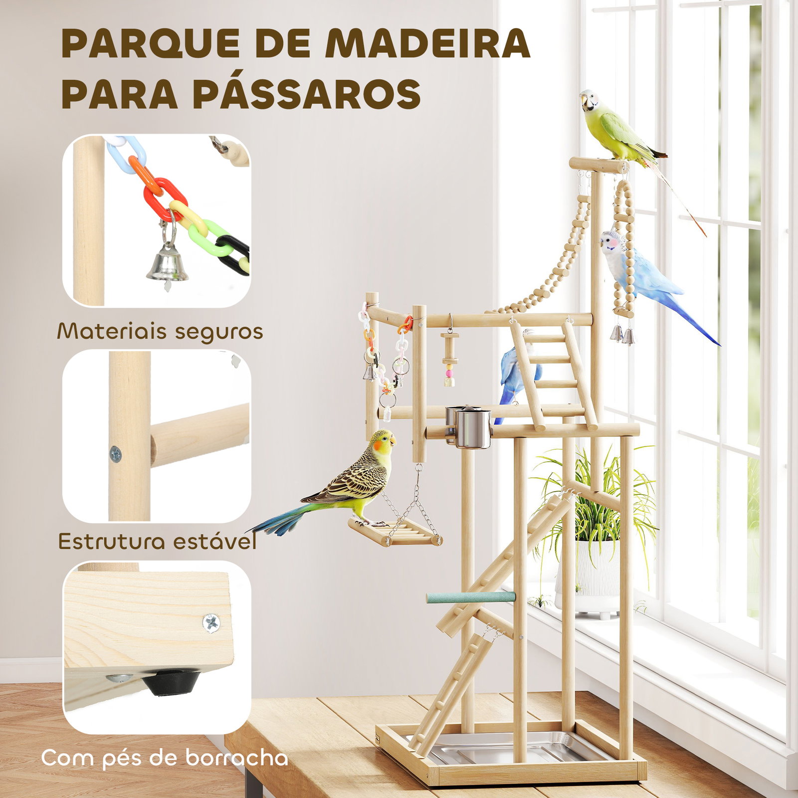 Parque de jogos para pássaros suporte de madeira para pássaros com escadas baloiço brinquedo 48x38x95 cm madeira