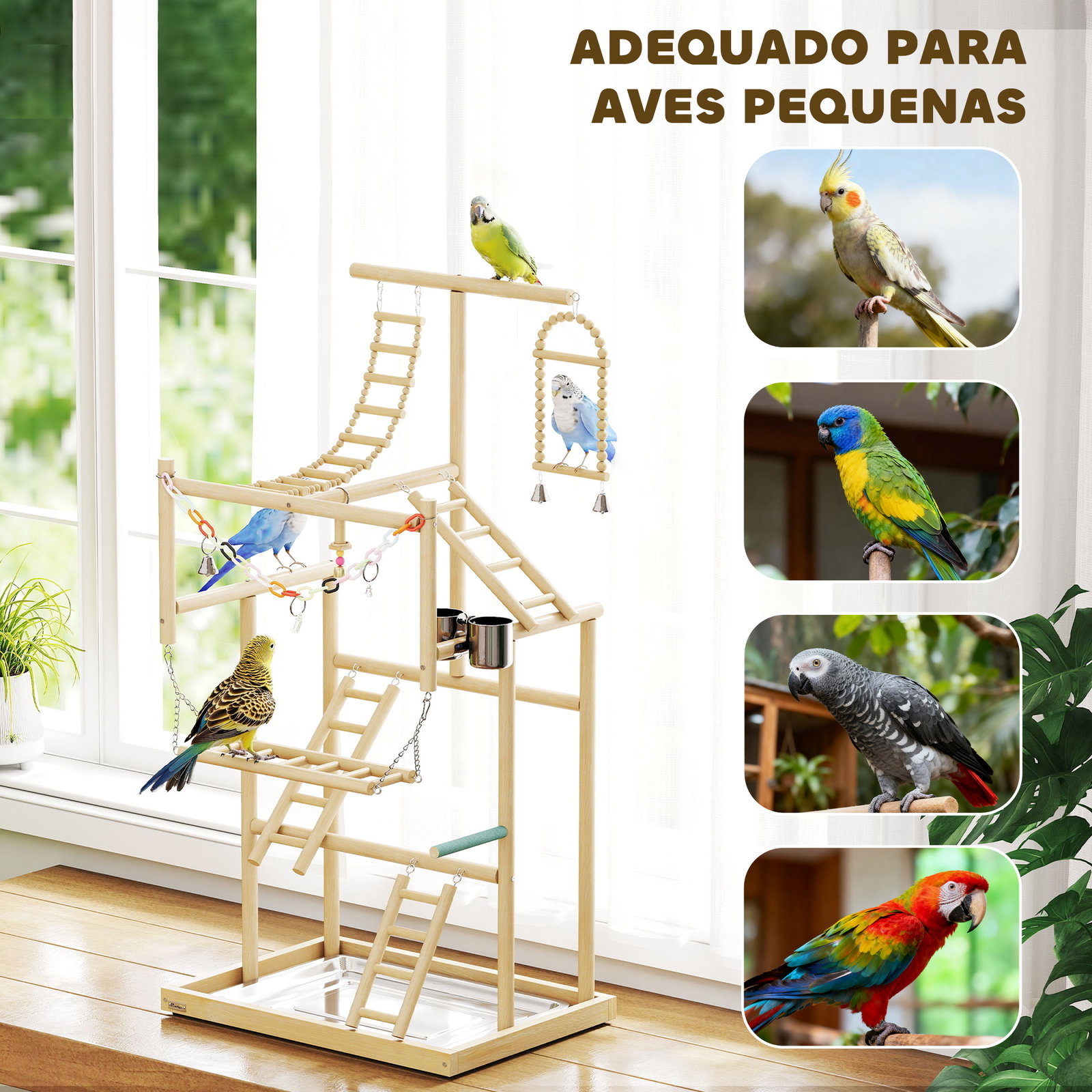 Parque de jogos para pássaros suporte de madeira para pássaros com escadas baloiço brinquedo 48x38x95 cm madeira