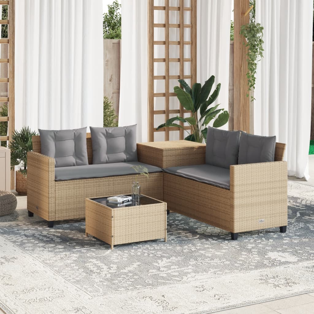 Sofá de jardim forma de l c/ mesa e almofadões vime PE bege