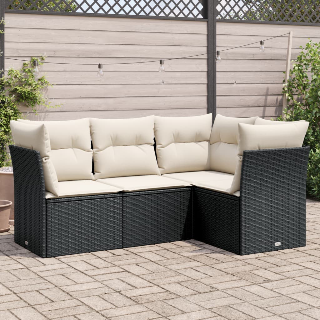 4 Pcs conjunto de sofás para jardim c/ almofadões vime PE preto