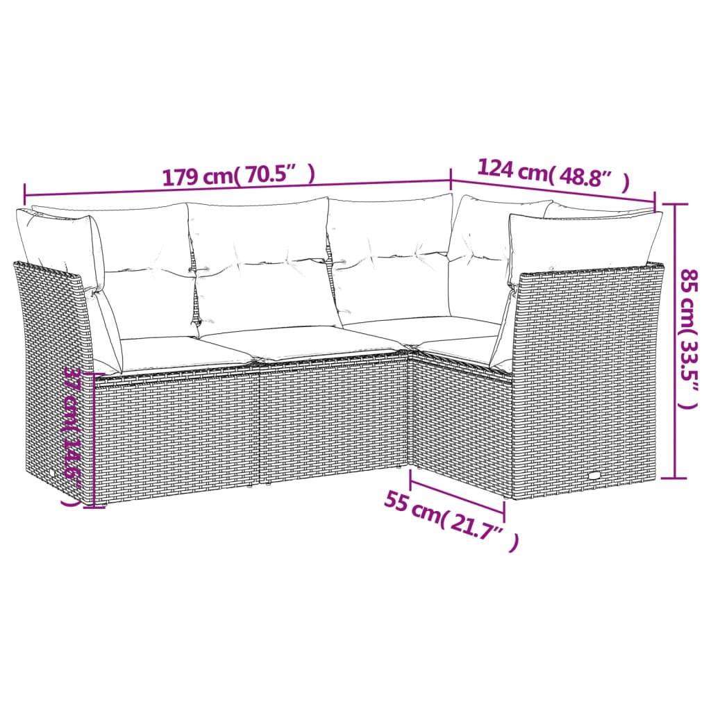 4 Pcs conjunto de sofás para jardim c/ almofadões vime PE preto