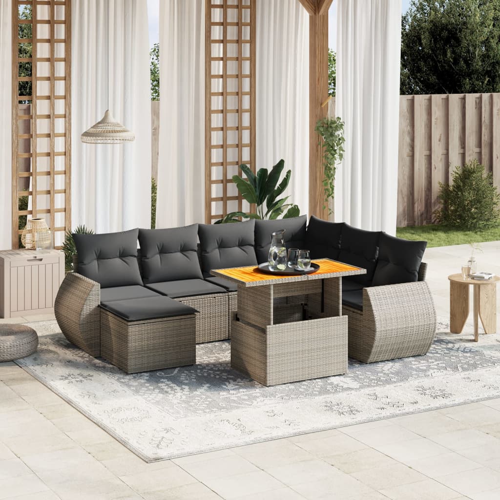 8 Pcs conjunto sofás de jardim c/ almofadões vime PE cinzento