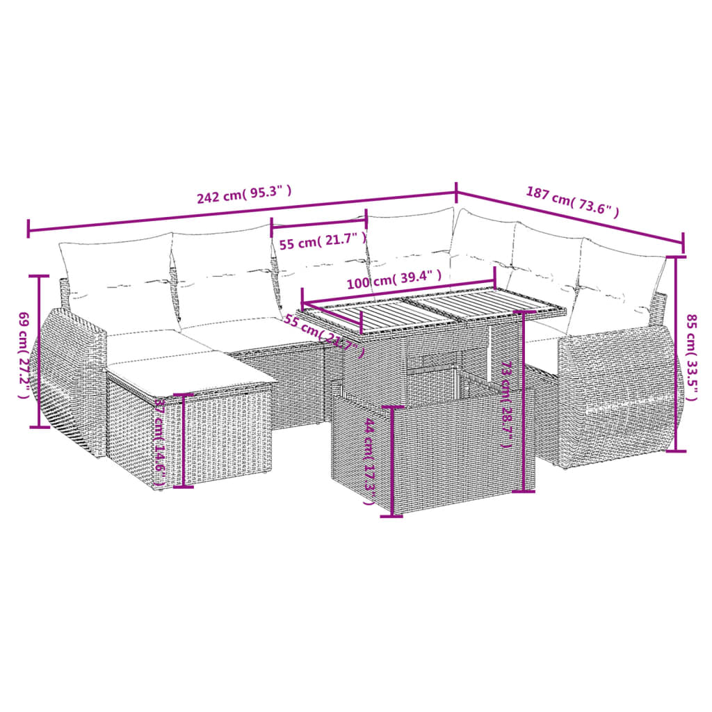 8 Pcs conjunto sofás de jardim c/ almofadões vime PE cinzento