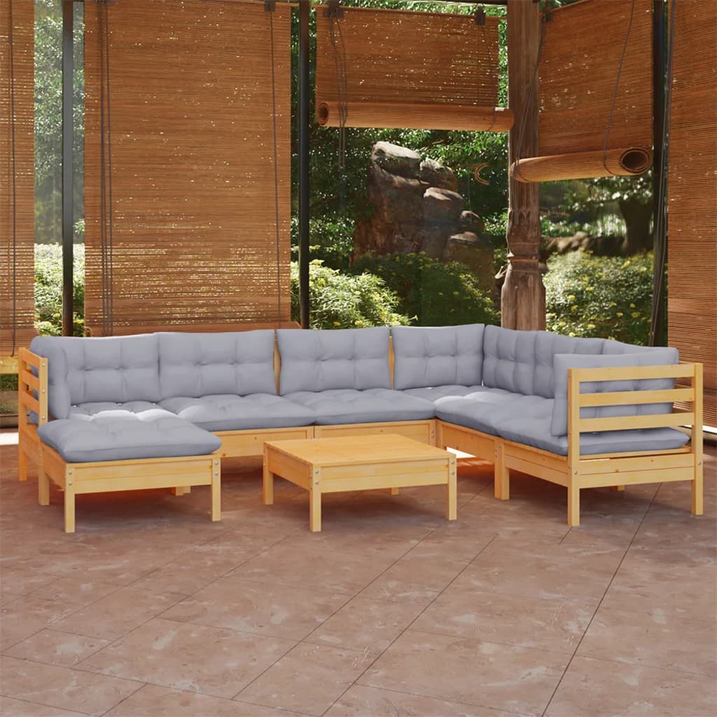 8 Pcs conjunto lounge de jardim + almofadões cinza pinho maciço