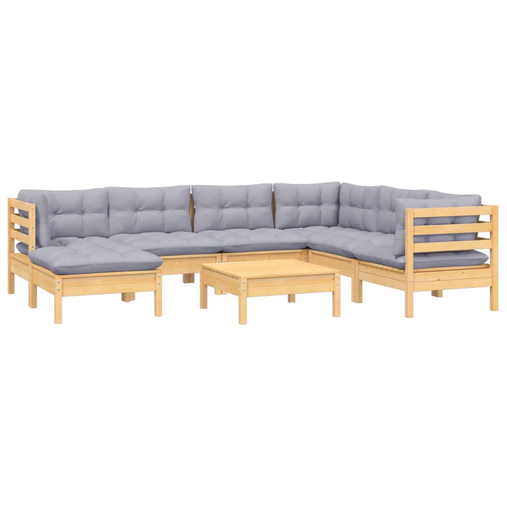 8 Pcs conjunto lounge de jardim + almofadões cinza pinho maciço