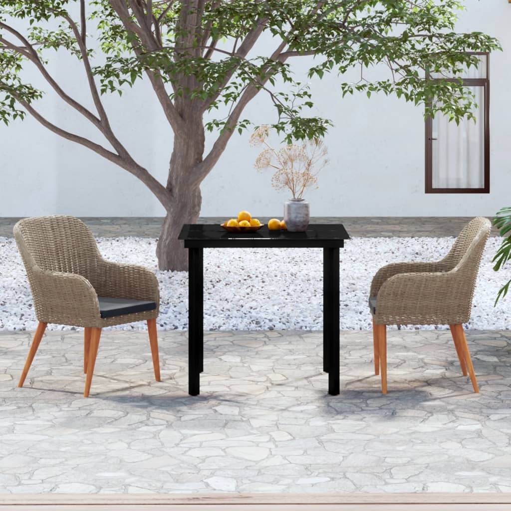 3 Pcs conjunto de jantar para jardim com almofadões castanho