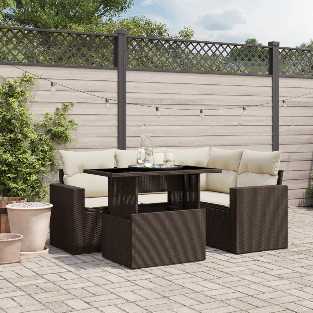 5 Pcs conjunto sofás p/ jardim c/ almofadões vime PE castanho