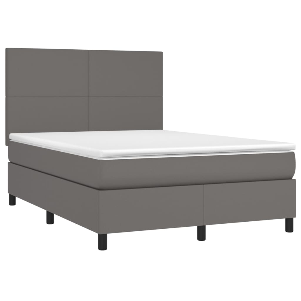 Cama box spring c/ colchão/LED 140x190cm couro artificial cinza