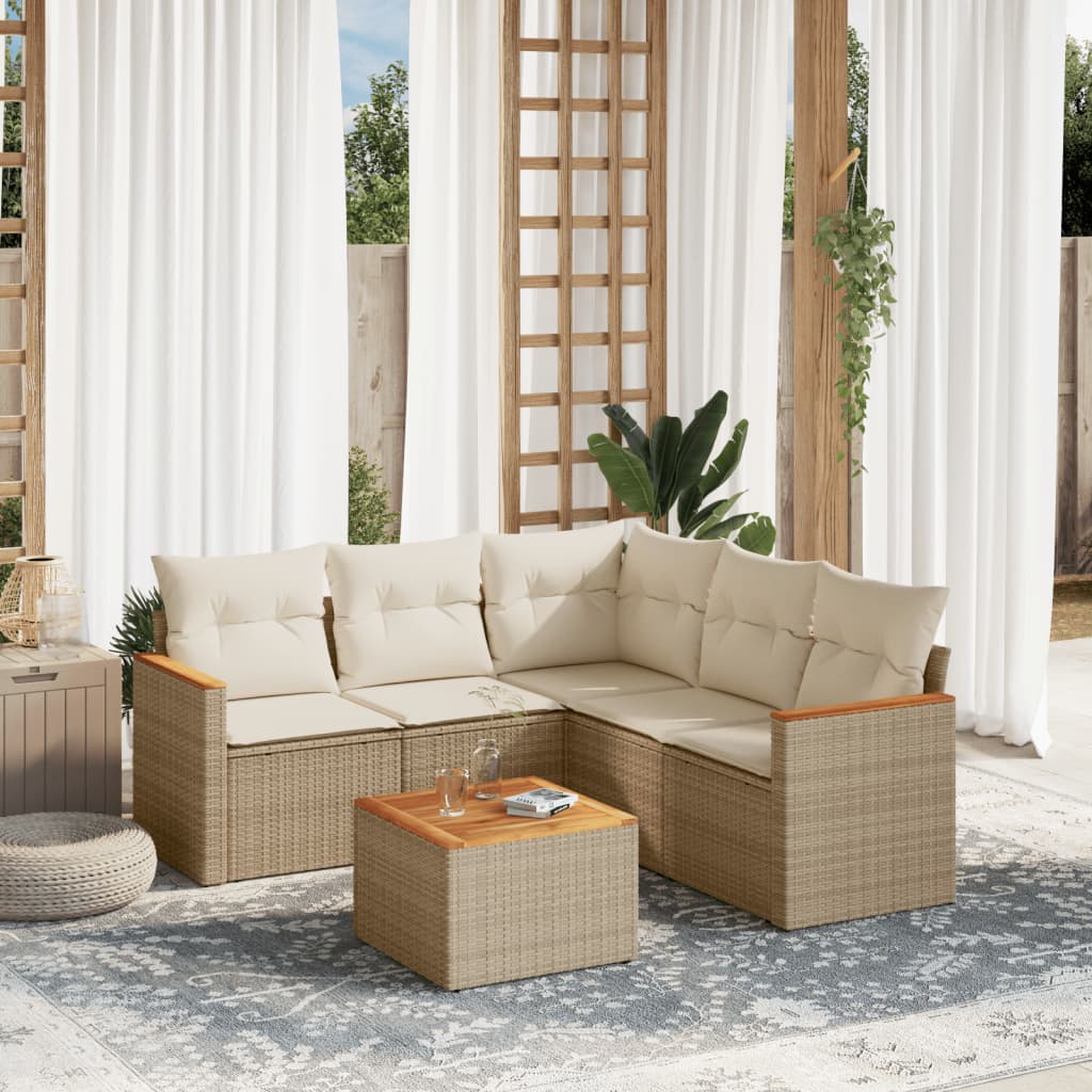 6 Pcs conjunto de sofás p/ jardim com almofadões vime PE bege