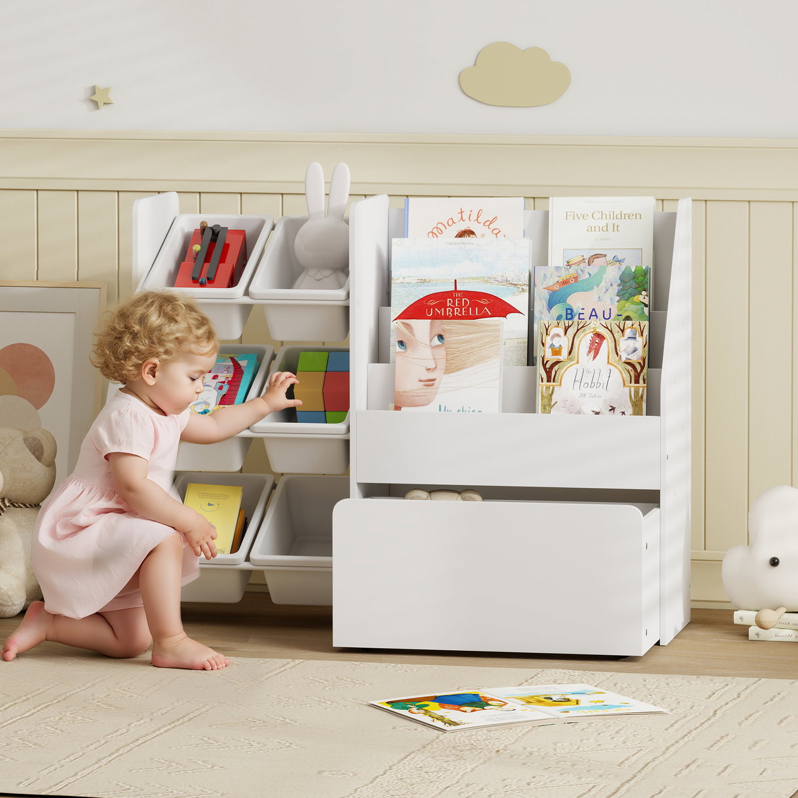 Estante infantil para brinquedos com 6 caixas removíveis 3 prateleiras abertas e gaveta inferior com rodas 100x30x80 cm branco