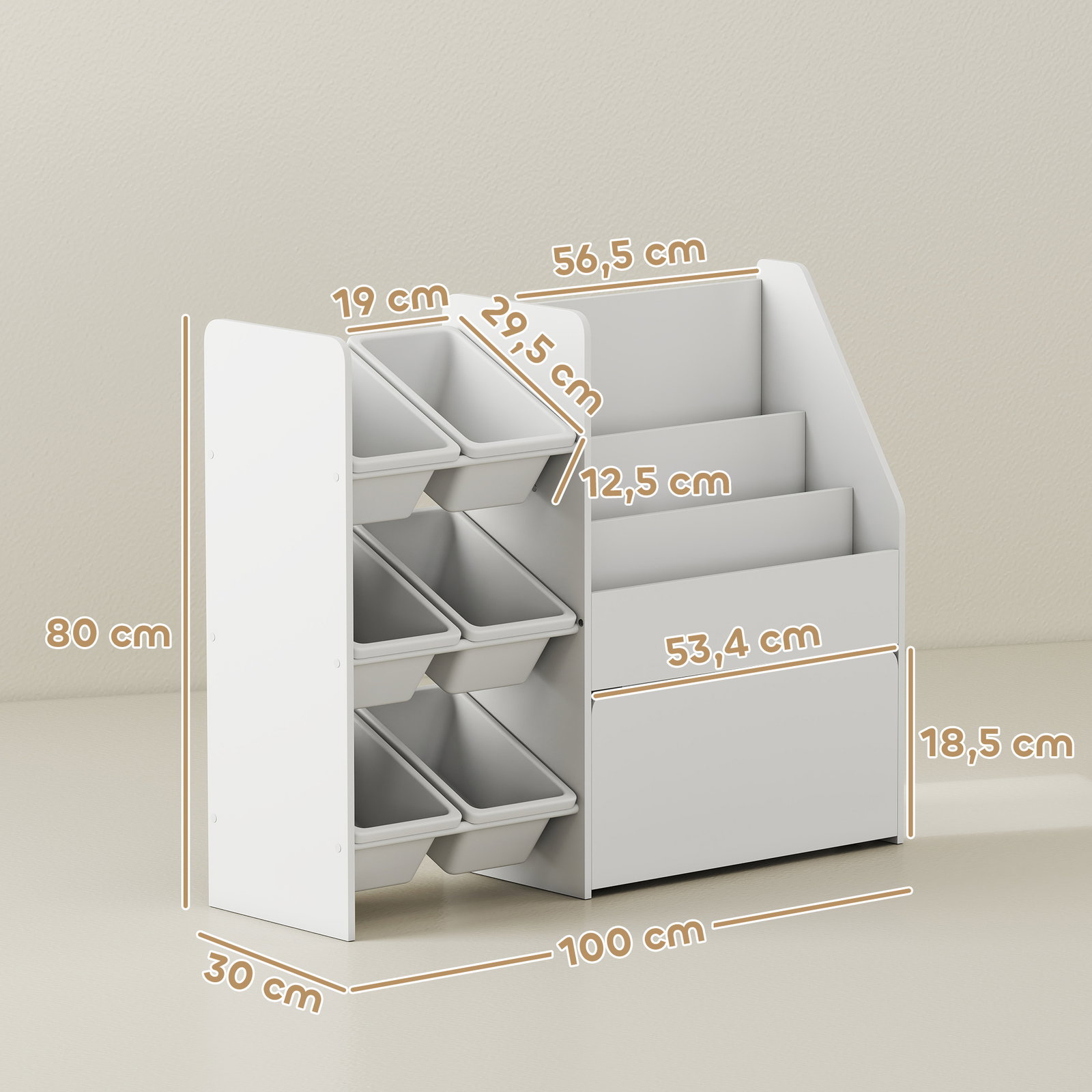 Estante infantil para brinquedos com 6 caixas removíveis 3 prateleiras abertas e gaveta inferior com rodas 100x30x80 cm branco
