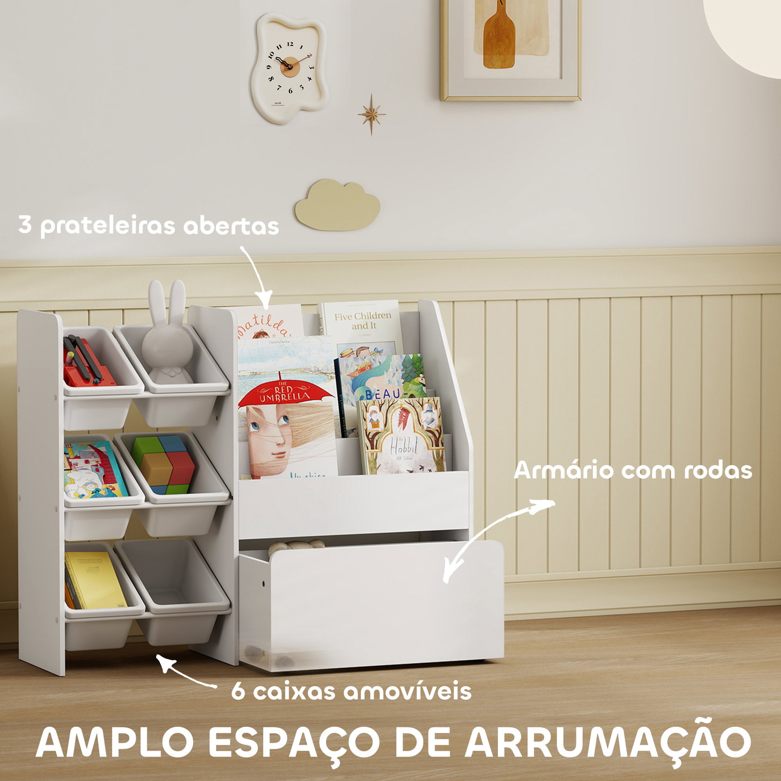 Estante infantil para brinquedos com 6 caixas removíveis 3 prateleiras abertas e gaveta inferior com rodas 100x30x80 cm branco