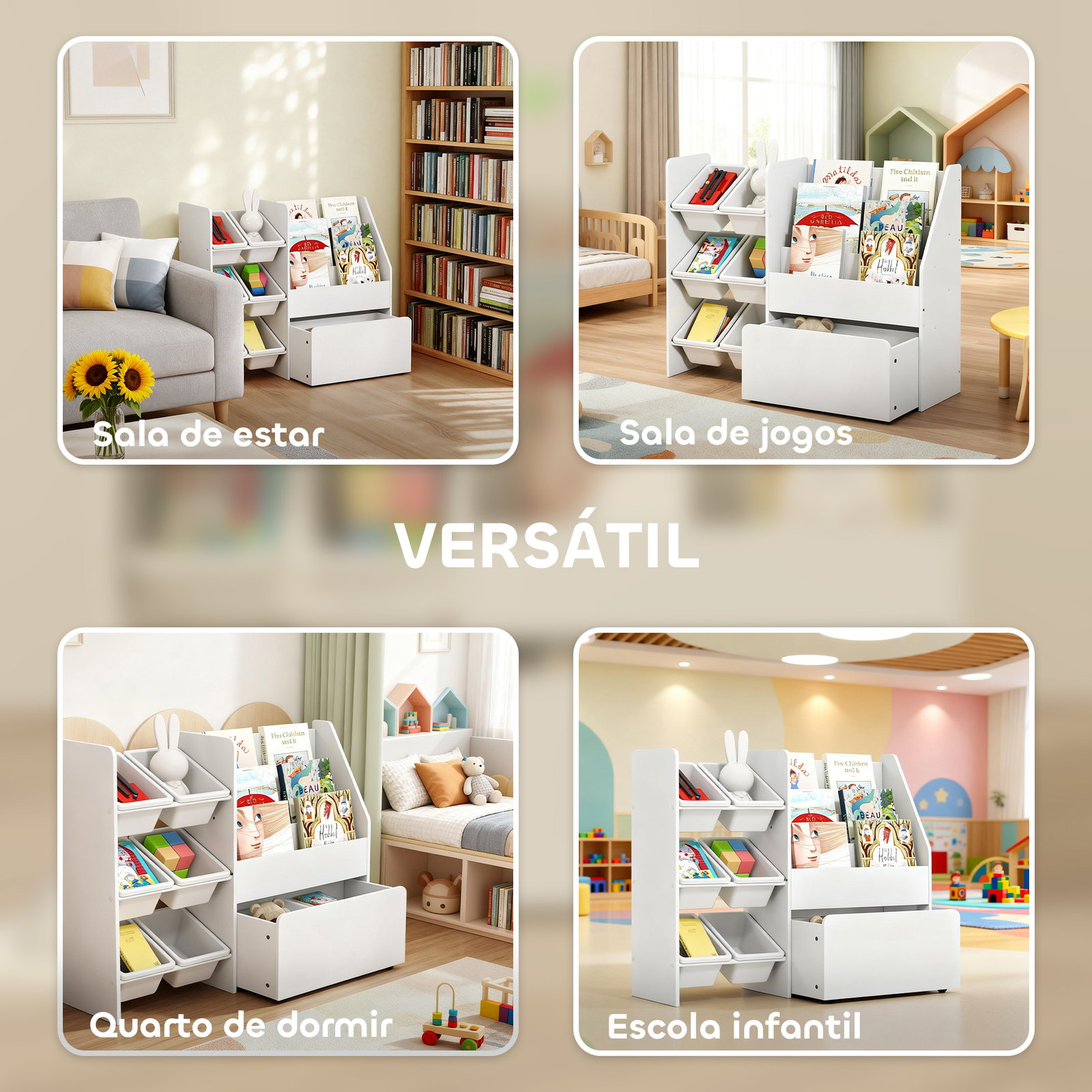 Estante infantil para brinquedos com 6 caixas removíveis 3 prateleiras abertas e gaveta inferior com rodas 100x30x80 cm branco